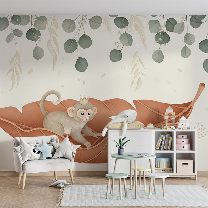 Nursery room wallpaper | Little royal monkey on a leaf with soft foliage