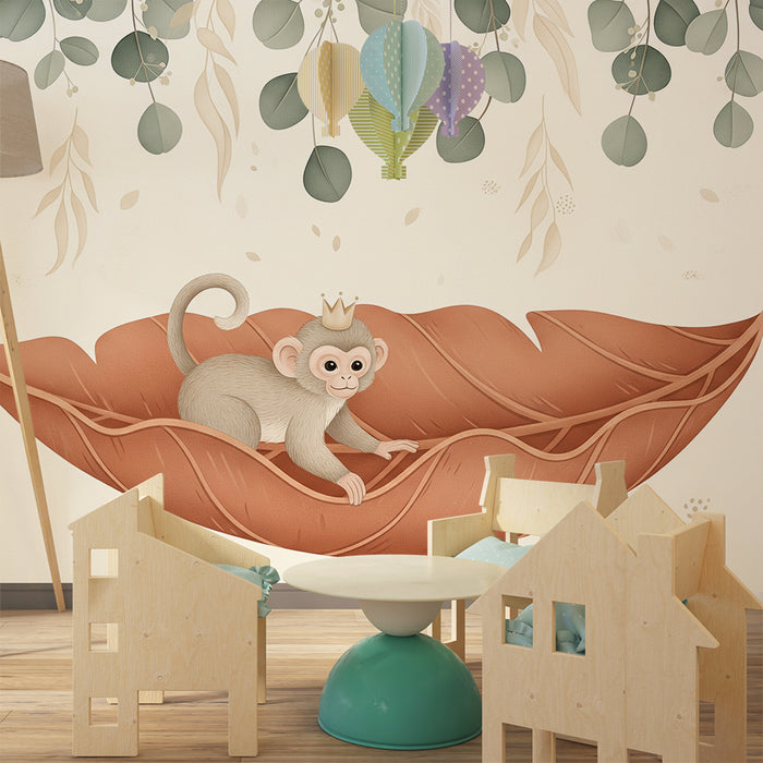 Nursery room wallpaper | Little royal monkey on a leaf with soft foliage