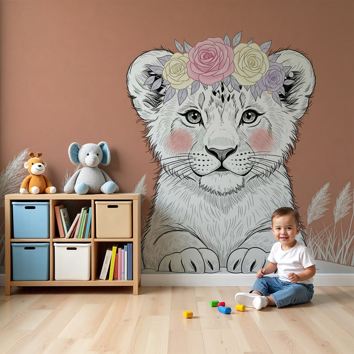 Børneværelse tapet | Lille tiger med blomstekrone