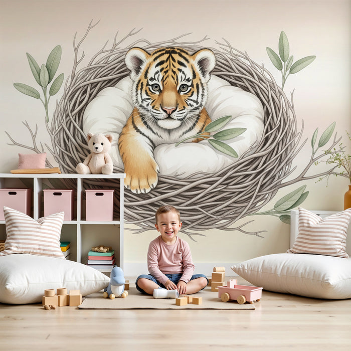 Papier peint chambre bébé | Petit tigre dans son nid douillet