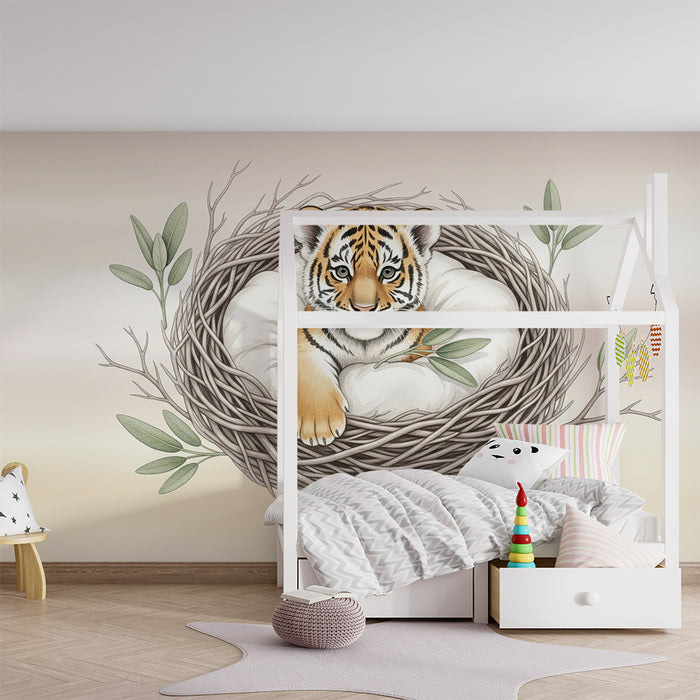Papier peint chambre bébé | Petit tigre dans son nid douillet