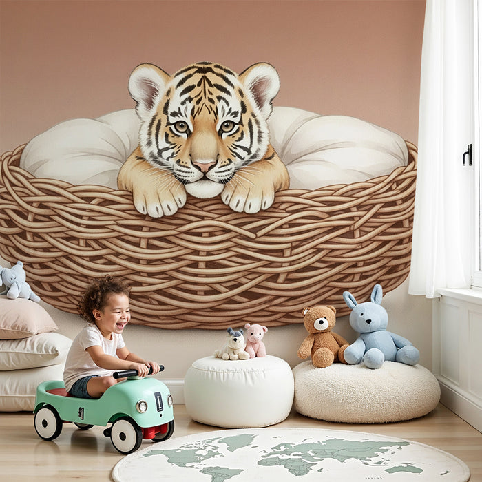Papier peint chambre bébé | Petit tigre dans son nid douillet fond terracotta
