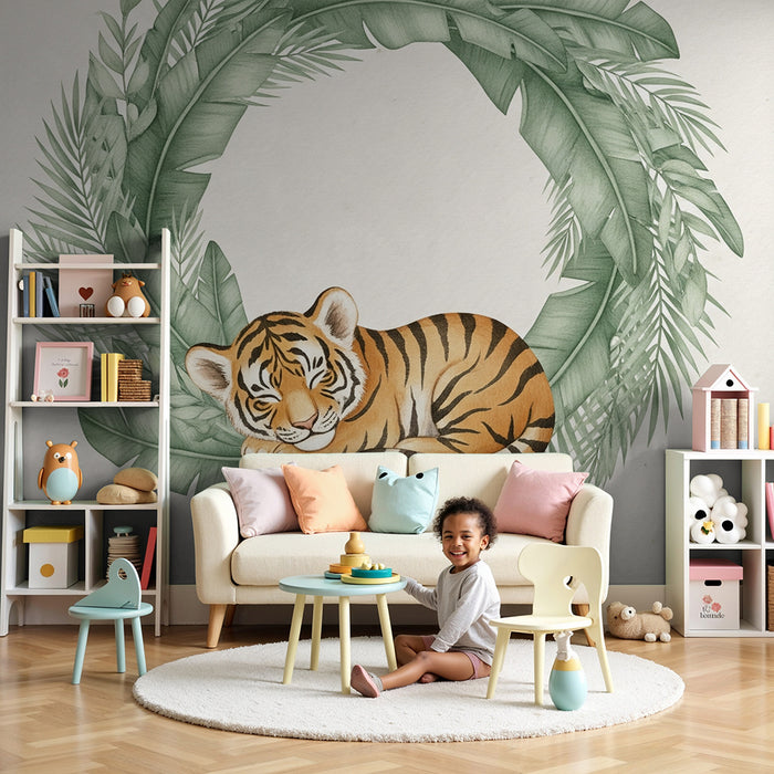 Lastenhuoneen tapetti | Pieni unessa oleva tiikeri viidakossa