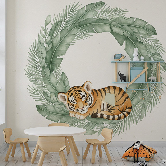 Lastenhuoneen tapetti | Pieni unessa oleva tiikeri viidakossa