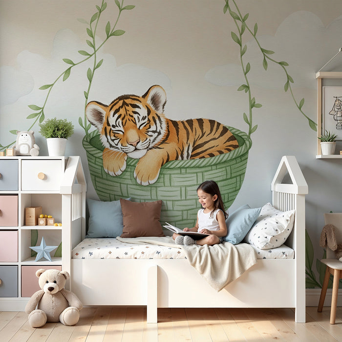 Lastenhuoneen tapetti | Pieni unessa oleva tiikeri korissaan