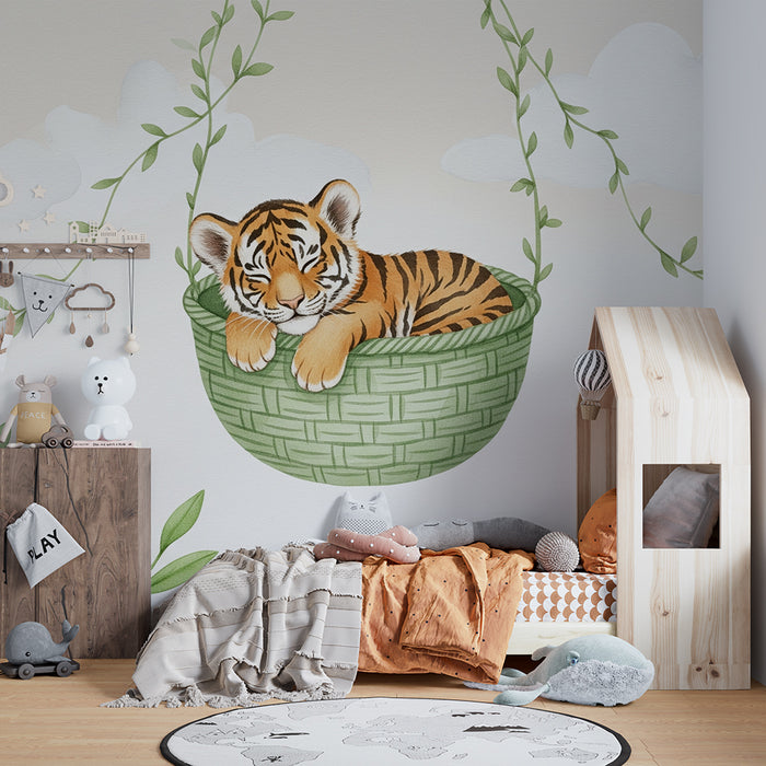 Lastenhuoneen tapetti | Pieni unessa oleva tiikeri korissaan