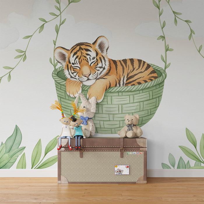 Lastenhuoneen tapetti | Pieni unessa oleva tiikeri korissaan