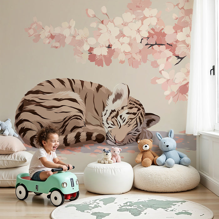 Barntapet | Liten sovande tiger under blommande körsbärsträd