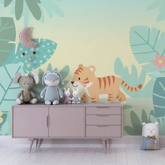 Tapety dla dzieci | Mały figlarny tygrys w kolorowej dżungli