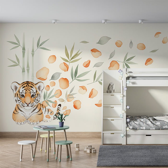 Papel de parede para quarto de bebé | Pequeno tigre e folhagem delicada com pétalas de flores