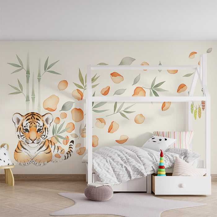 Papel de parede para quarto de bebé | Pequeno tigre e folhagem delicada com pétalas de flores