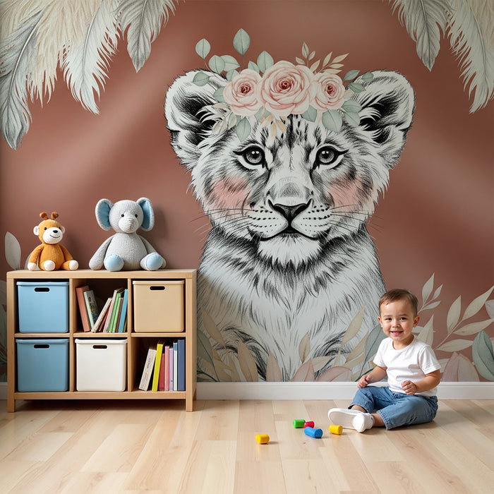 Tapet barnerom | Liten tiger og delikate blomster