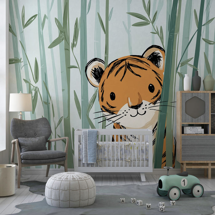 Babykamer behang | Kleine tijger die speelt in de bamboe