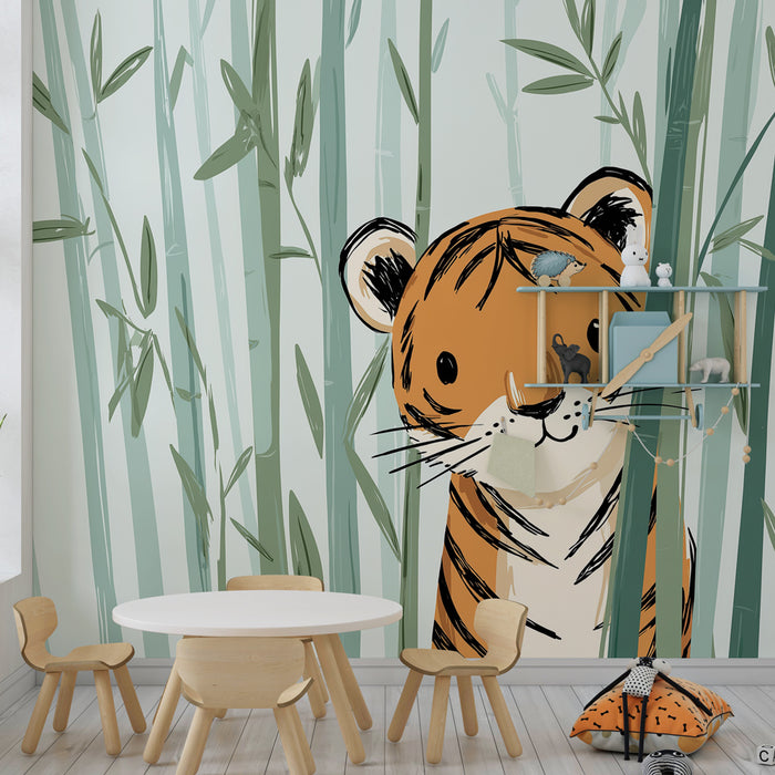 Babykamer behang | Kleine tijger die speelt in de bamboe