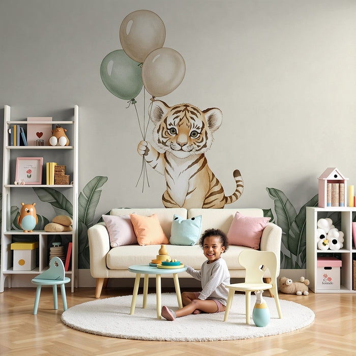 Tapet pentru camera de bebeluși | Tigru mic și vesel cu baloane