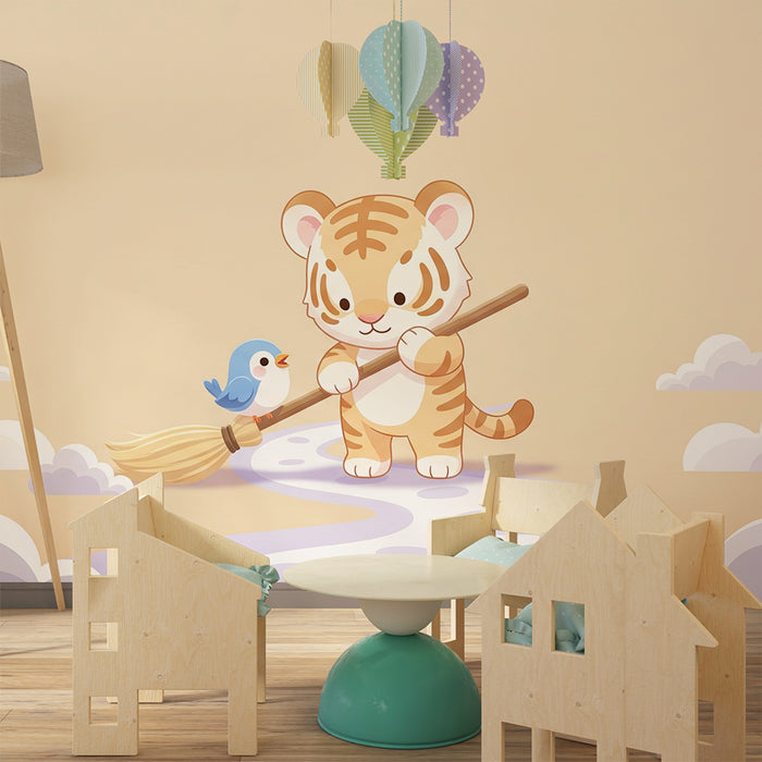 Tapeta dětského pokoje | Malý roztomilý tygr s ptákem na obláčkové cestě