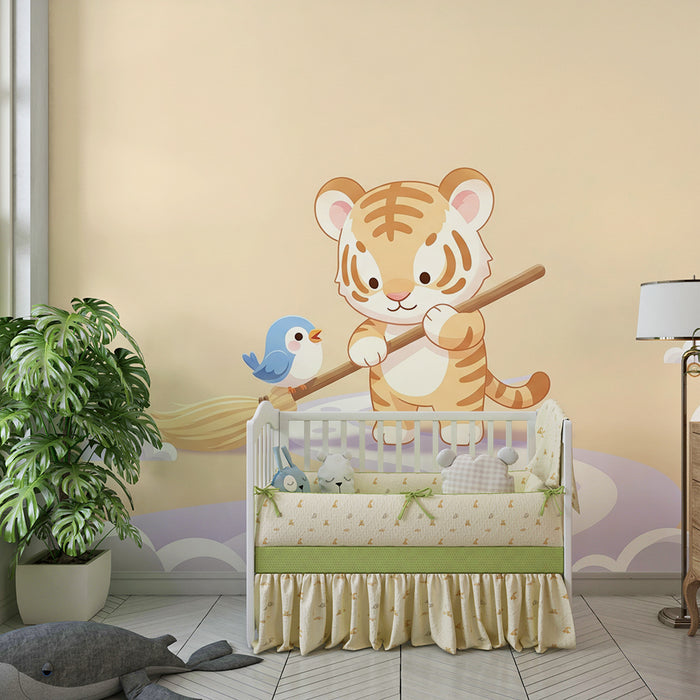 Tapeta dětského pokoje | Malý roztomilý tygr s ptákem na obláčkové cestě