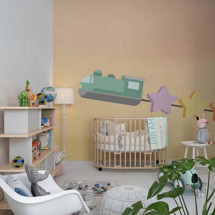 Tapet camera bebelus | Trenulet colorat trage stele pastel.