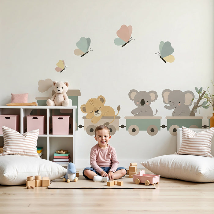 Papel de parede quarto bebê | Pequeno comboio e animais fofos