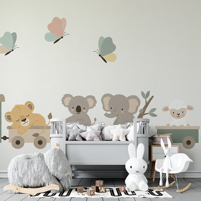 Papel de parede quarto bebê | Pequeno comboio e animais fofos