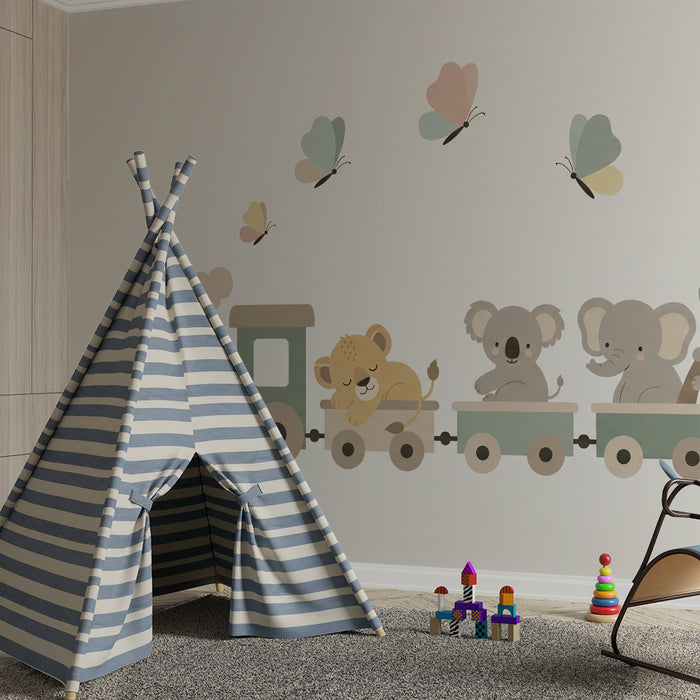 Papel de parede quarto bebê | Pequeno comboio e animais fofos