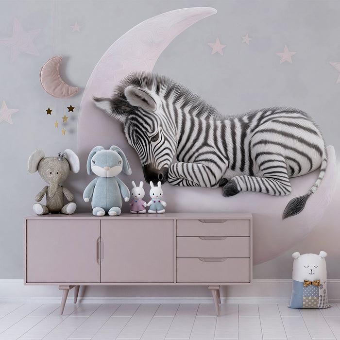 Lastenhuoneen tapetti | Pieni uninen seepra puolikuun päällä