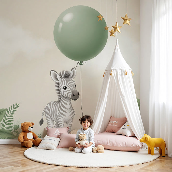 Papel de parede quarto bebê | Zebra pequena e balão verde