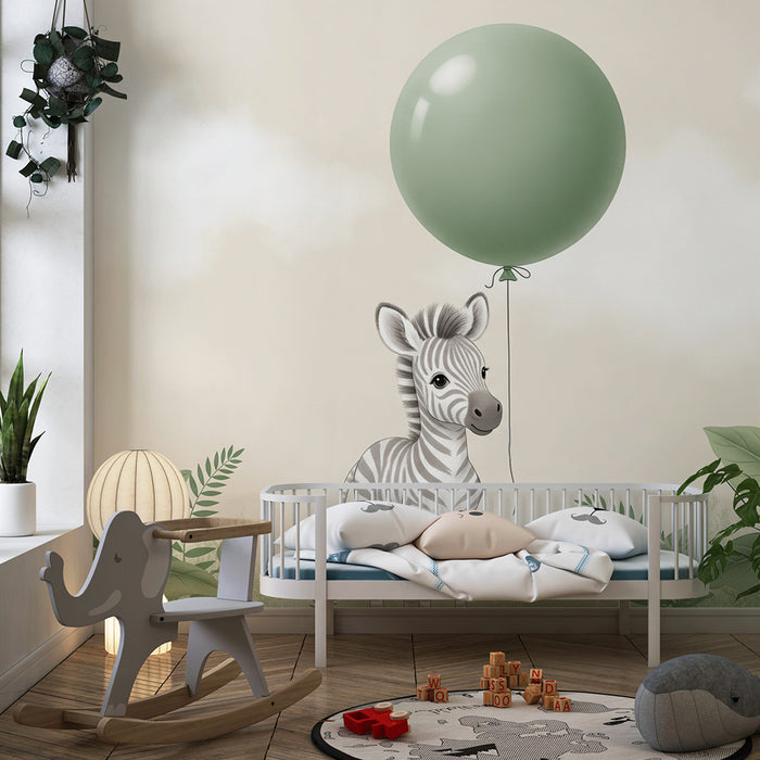Papel de parede quarto bebê | Zebra pequena e balão verde