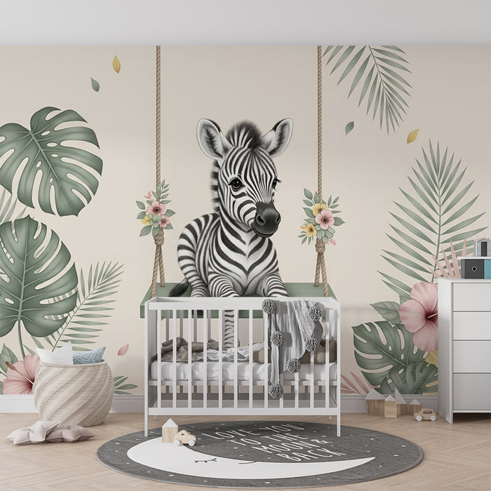 Lastenhuoneen tapetti | Pieni seepra keinussa trooppisessa ympäristössä