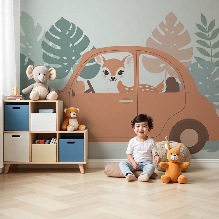 Barntapet | Liten rådjur i en färgglad bil