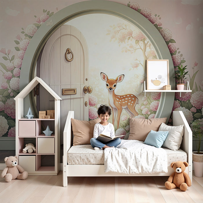 **Tapete fürs Babyzimmer | Kleine Hirschkuh und zarte Blumen in einer zauberhaften Umgebung**