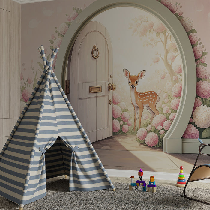 **Tapete fürs Babyzimmer | Kleine Hirschkuh und zarte Blumen in einer zauberhaften Umgebung**