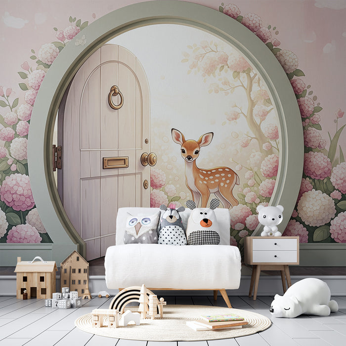 **Tapete fürs Babyzimmer | Kleine Hirschkuh und zarte Blumen in einer zauberhaften Umgebung**
