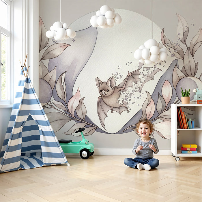 Papier peint chambre bébé | Petite chauve-souris et feuillage délicat dans des tons pastel