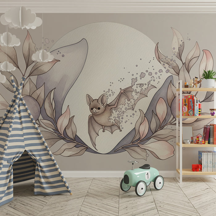 Papier peint chambre bébé | Petite chauve-souris et feuillage délicat dans des tons pastel