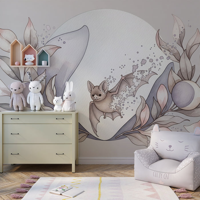Papier peint chambre bébé | Petite chauve-souris et feuillage délicat dans des tons pastel