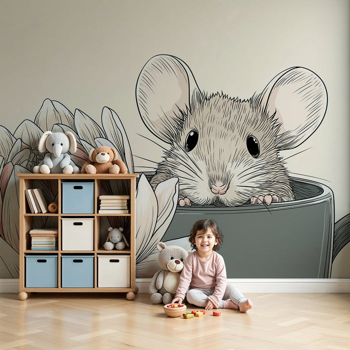 Papel de parede quarto bebê | Pequeno rato curioso numa chávena com uma flor delicada