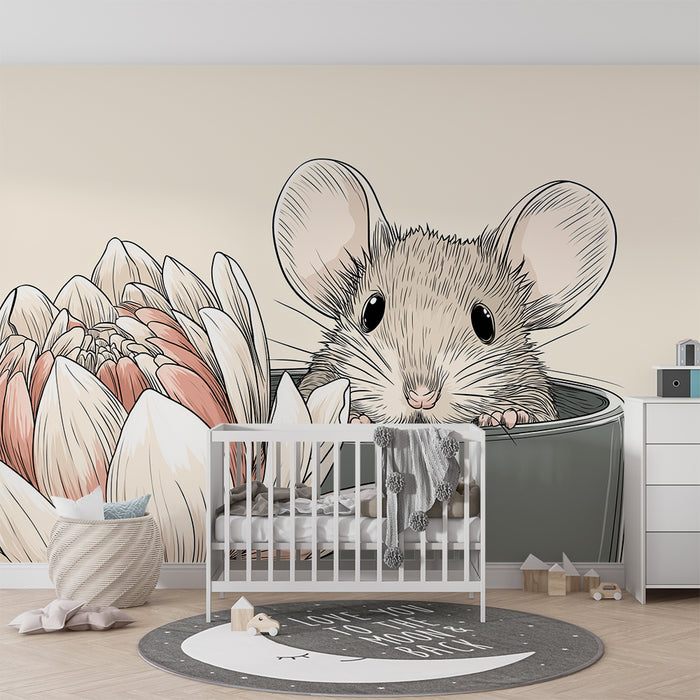 Papel de parede quarto bebê | Pequeno rato curioso numa chávena com uma flor delicada