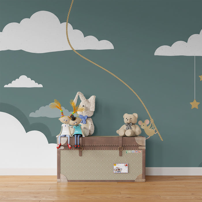 Carta da parati per cameretta | Topolino tra le nuvole con stelle dorate