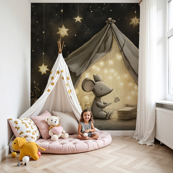 Nursery room wallpaper | Little mouse in its starry tent