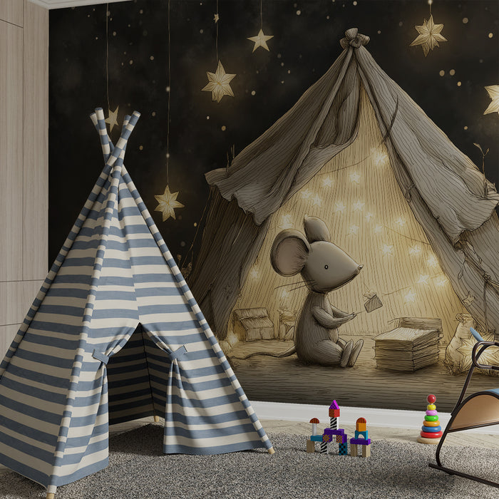 Nursery room wallpaper | Little mouse in its starry tent