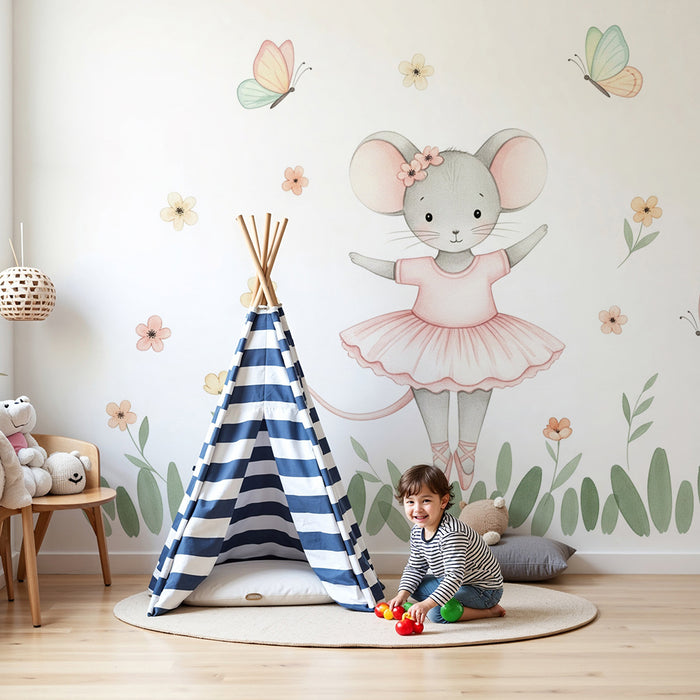 Tapete za bebe sobu | Mala miš balerina i nježni cvjetovi