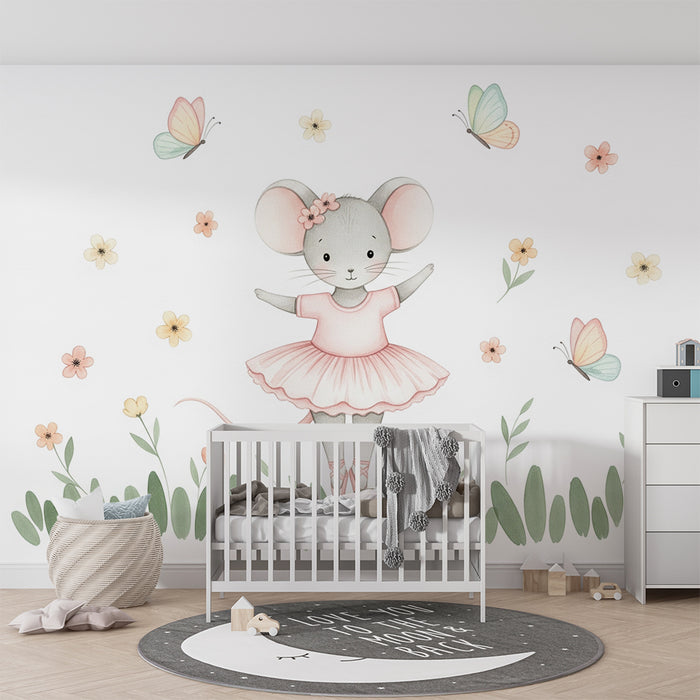 Tapete za bebe sobu | Mala miš balerina i nježni cvjetovi