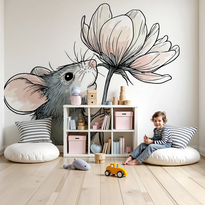 Papier de parede izby pre bábätká | Jemná malá myš s kvetom