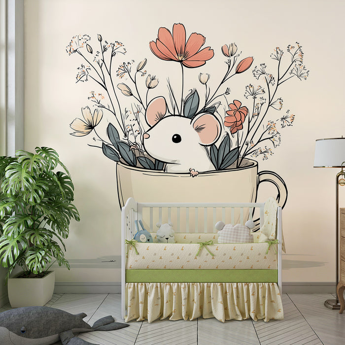 Papier peint chambre bébé | Petite souris entourée de fleurs dans une tasse