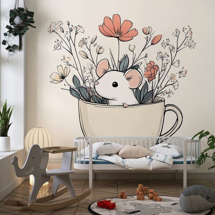 Papier peint chambre bébé | Petite souris entourée de fleurs dans une tasse