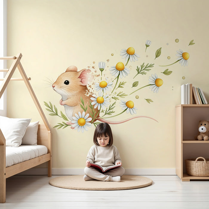 Papier peint chambre bébé | Petite souris entourée de fleurs des champs