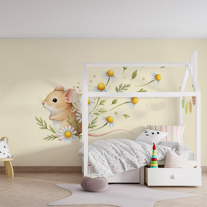 Papier peint chambre bébé | Petite souris entourée de fleurs des champs
