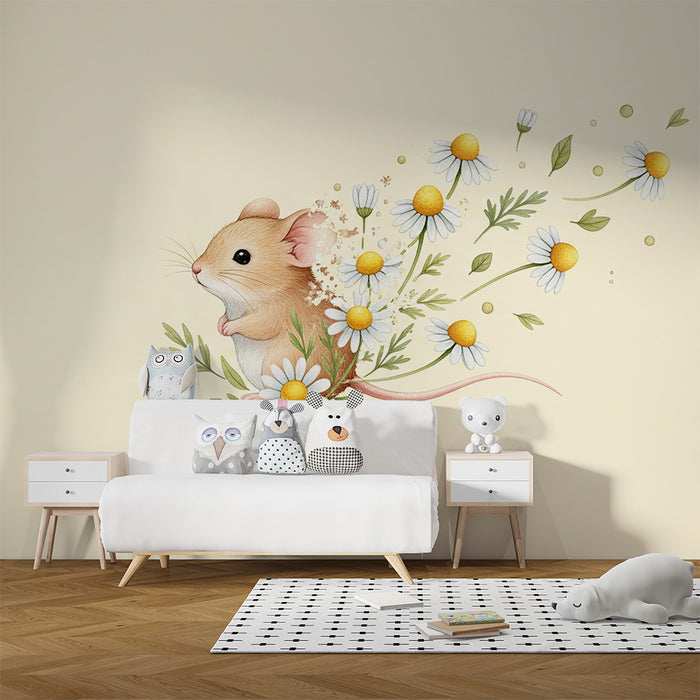 Papier peint chambre bébé | Petite souris entourée de fleurs des champs