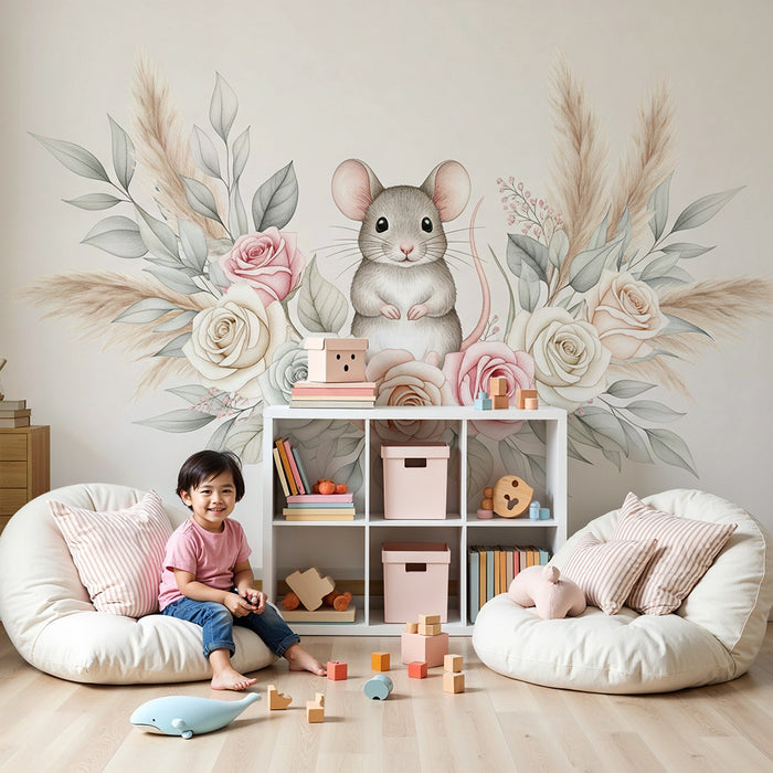 Tapet barnerom | Liten mus omgitt av roser og delikat løvverk